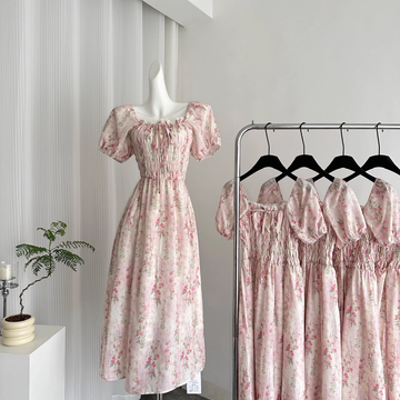 A line Strapless Short Sleeves Pink Floral Dress Long Holiday Dresses SD283